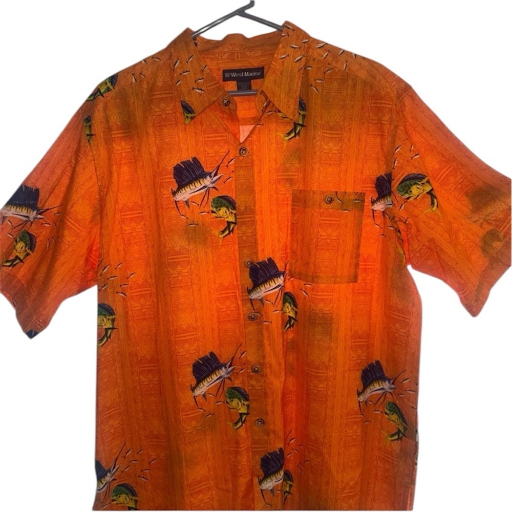 West Marine Men's Shirt Button Front Orange Size XL Fish S/S Limited Edition - Picture 2 of 7